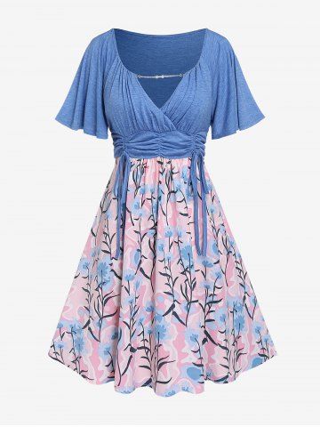 Plus Size Cinched Ruched Flower Printed Raglan Sleeves A Line Surplice Dress - BLUE - M | US 10