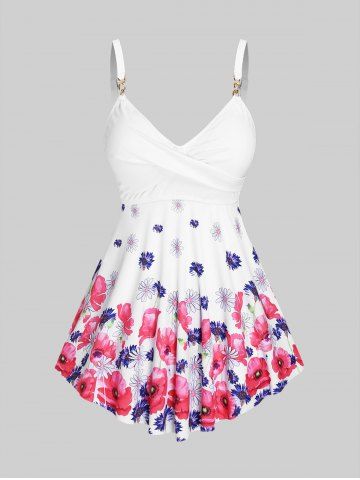 Plus Size Floral Twist Chain Panel Modest Boyshorts Tankini Swimsuit - WHITE - 1X | US 14-16