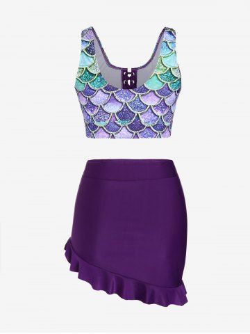 Mermaid Print Lace Up Three Piece Tankini Swimsuit