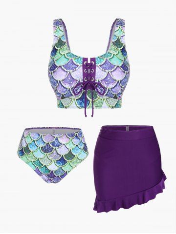 Mermaid Print Lace Up Three Piece Tankini Swimsuit - PURPLE - 1X | US 14-16