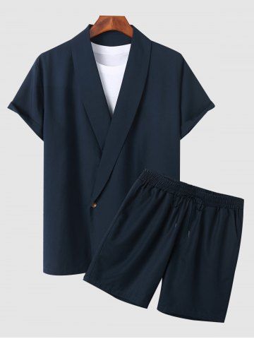 Solid Collar Single Button Shirt and Casual Shorts Set