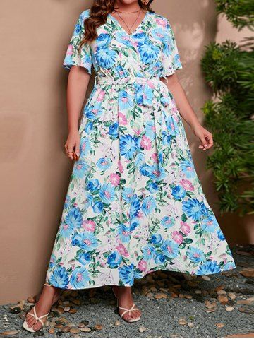 Plus Size Vacation Allover Leaf Flower Print Surplice High Waisted Belted A Line Maxi Dress - LIGHT BLUE - 3XL