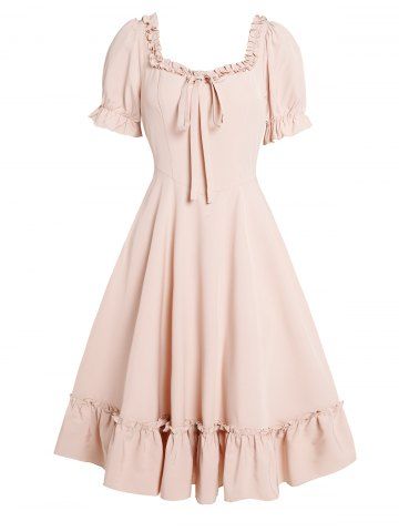 Solid Color Ruffles Short Sleeve Flounce Vintage Dress - LIGHT COFFEE - S