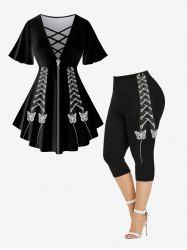 3D Crisscross V-Neck Butterfly Lace Up Printed T-Shirt and Leggings Plus Size Matching Set -  