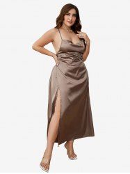 Plus Size Lace-up Cowl High Split Backless Stain Sleep Midi Dress -  
