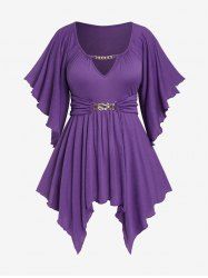 Plus Size Chain Panel Solid Color V Neck Butterfly Sleeves T-Shirt -  