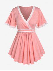 Plus Size Lace Trim Faux Pearls Short Sleeves Surplice Tee -  