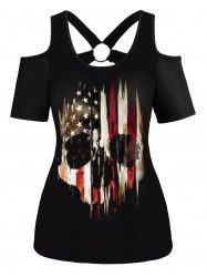 American Flag Skull Print Cold Shoulder O Ring Cut Out T-shirt -  