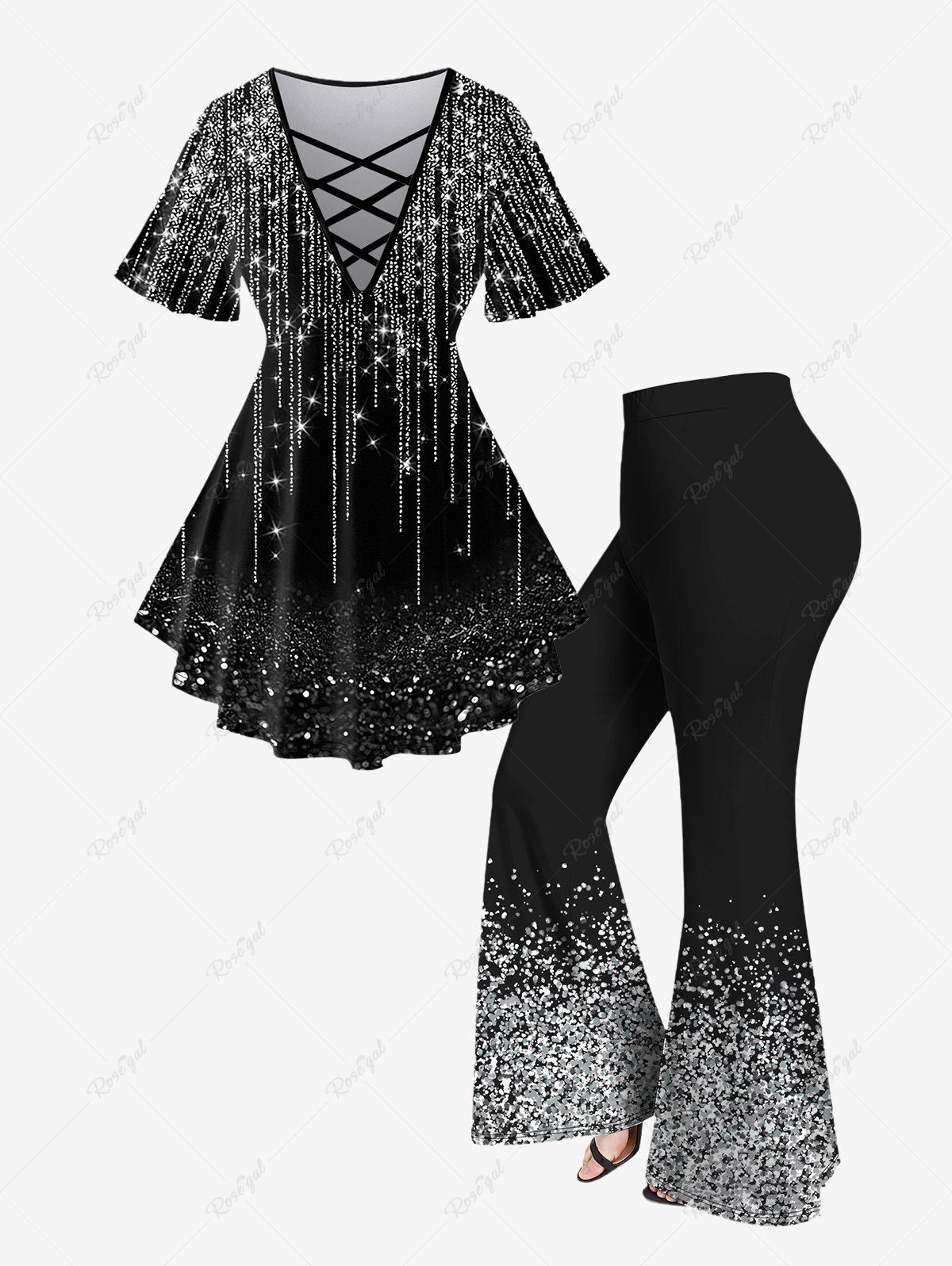 Buy Plus Size 3D Crisscross V-Neck Light Beam Printed Short-Sleeved T-Shirt and Glitter Printed Flare Pants Outfit  