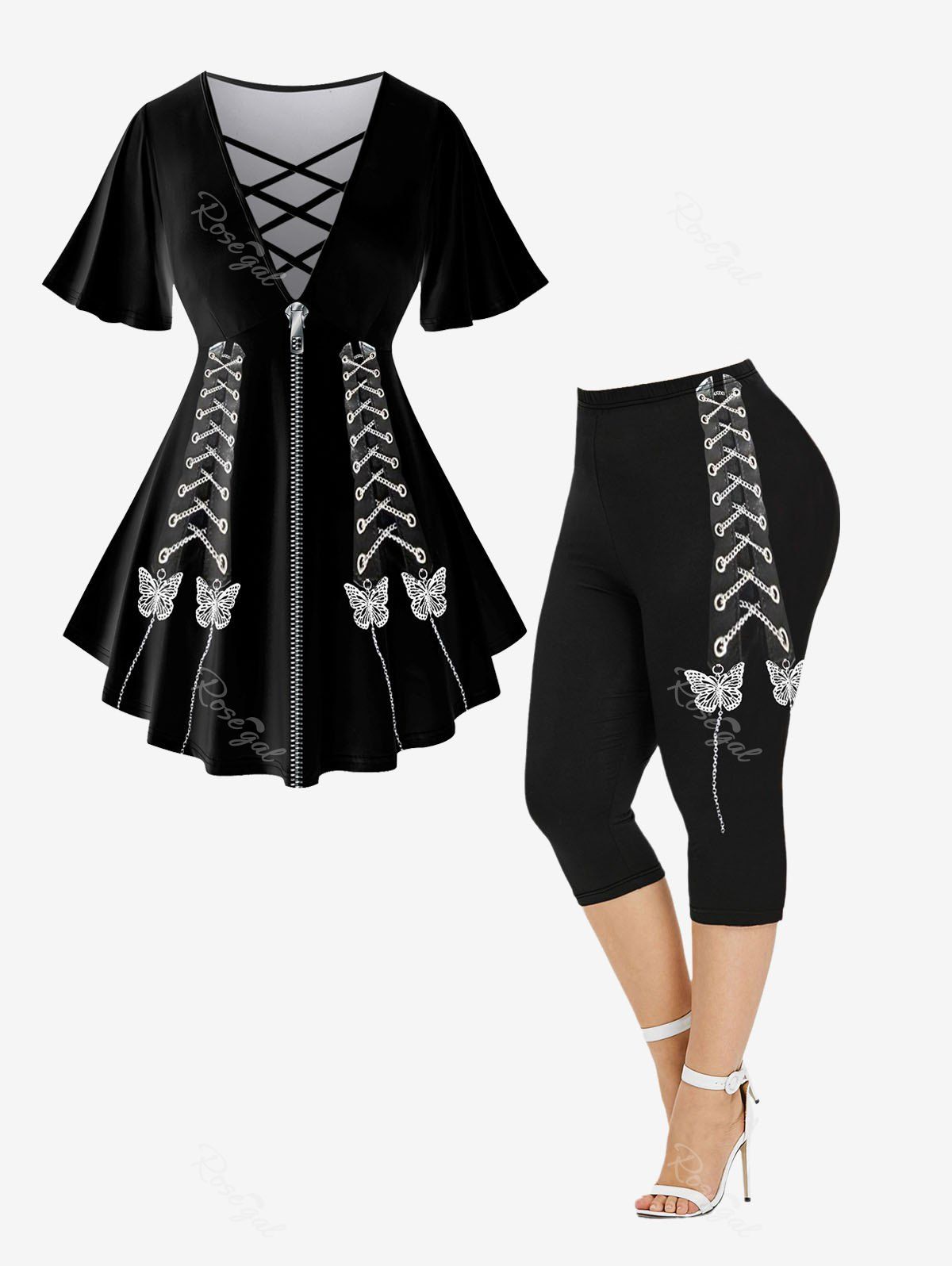 Hot 3D Crisscross V-Neck Butterfly Lace Up Printed T-Shirt and Leggings Plus Size Matching Set  