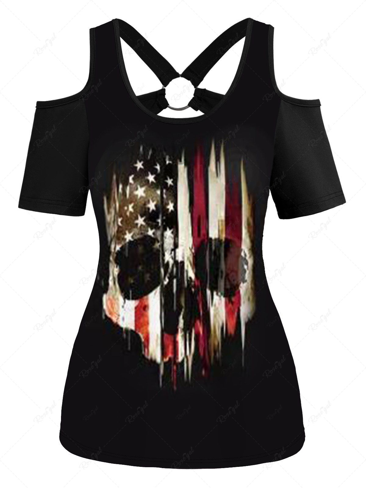 Store American Flag Skull Print Cold Shoulder O Ring Cut Out T-shirt  