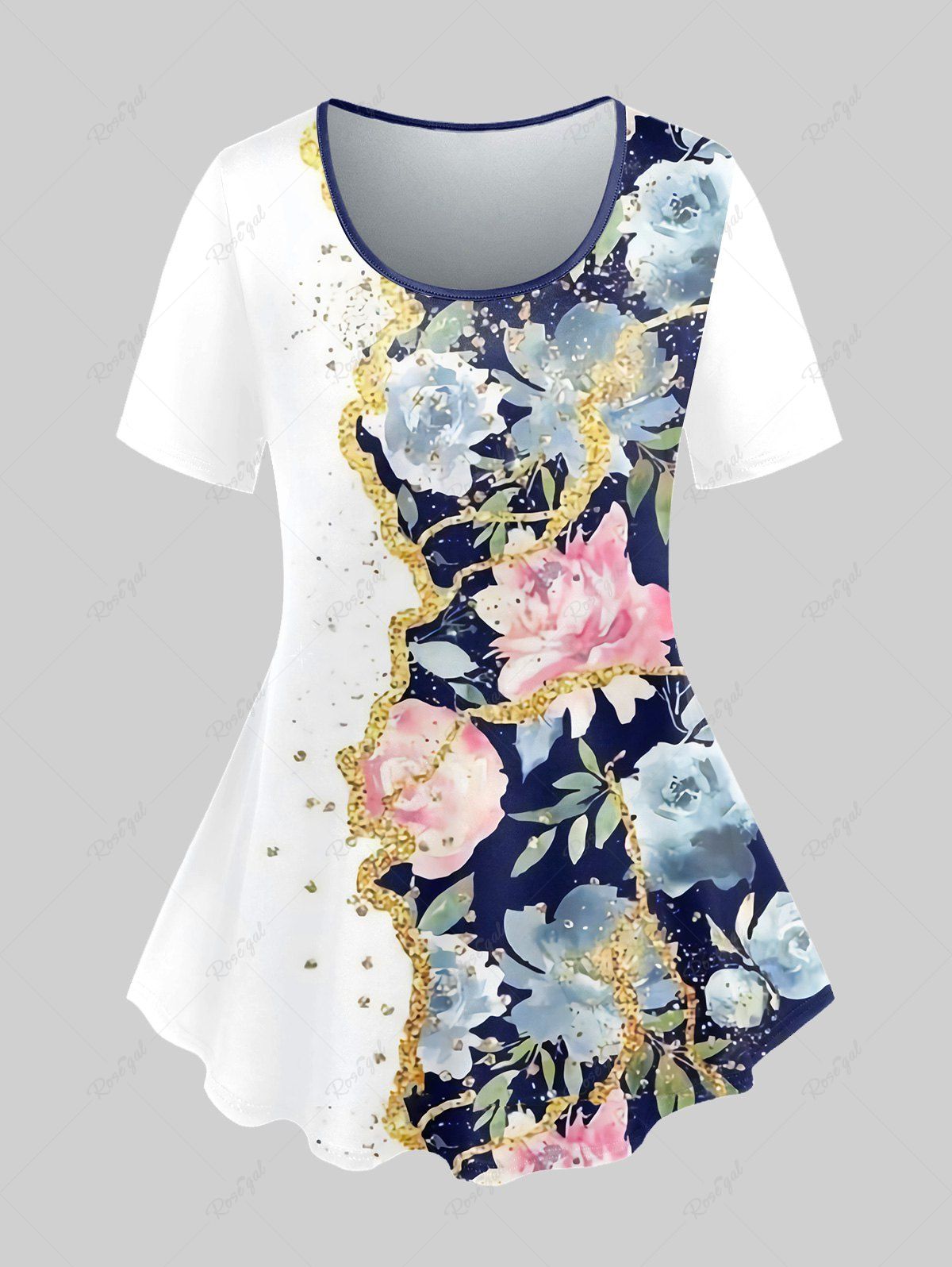 T-shirt à Paillettes Brillantes 3D Imprimé Floral à Manches Courtes Grande Taille Bleu 5x | US 30-32