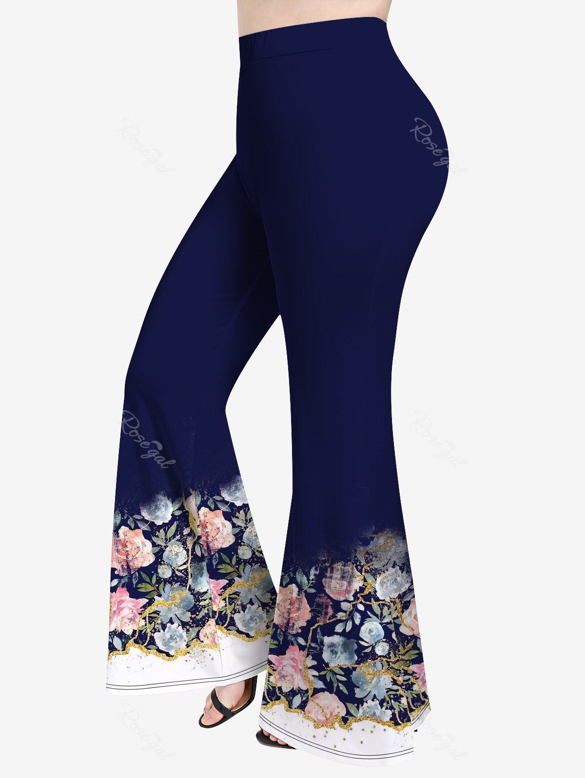 Pantalon Evasé Fleuri Imprimé de Grande Taille Bleu profond S | US 8