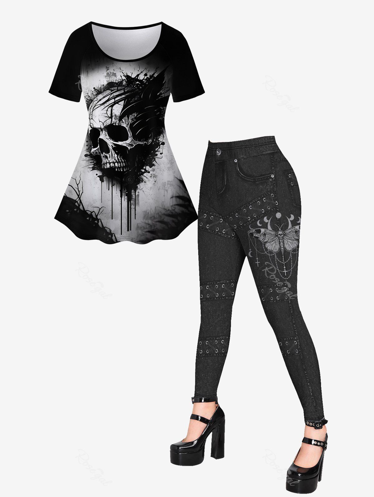 Affordable Skull Graphic Tee And 3D Butterfly Jean Lace-up Printed Jeggings Gothic Outfit  