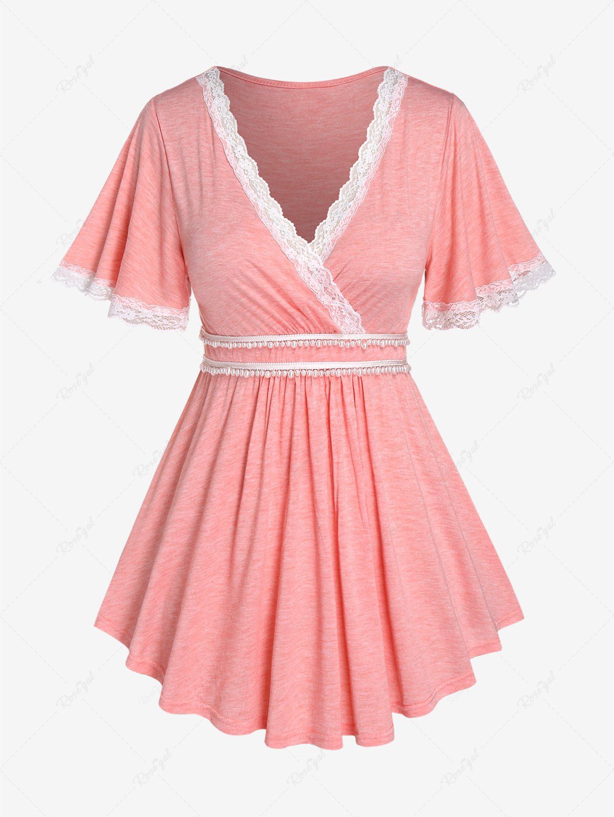Best Plus Size Lace Trim Faux Pearls Short Sleeves Surplice Tee  