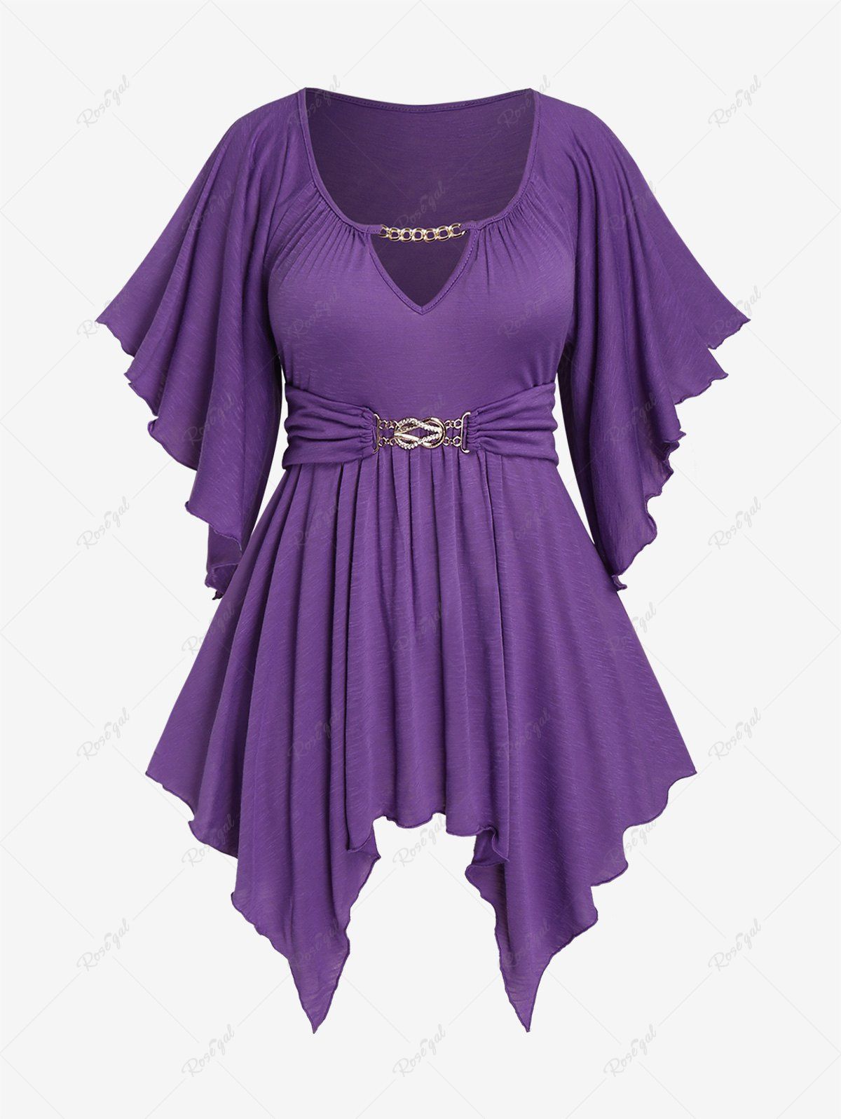 Online Plus Size Chain Panel Solid Color V Neck Butterfly Sleeves T-Shirt  