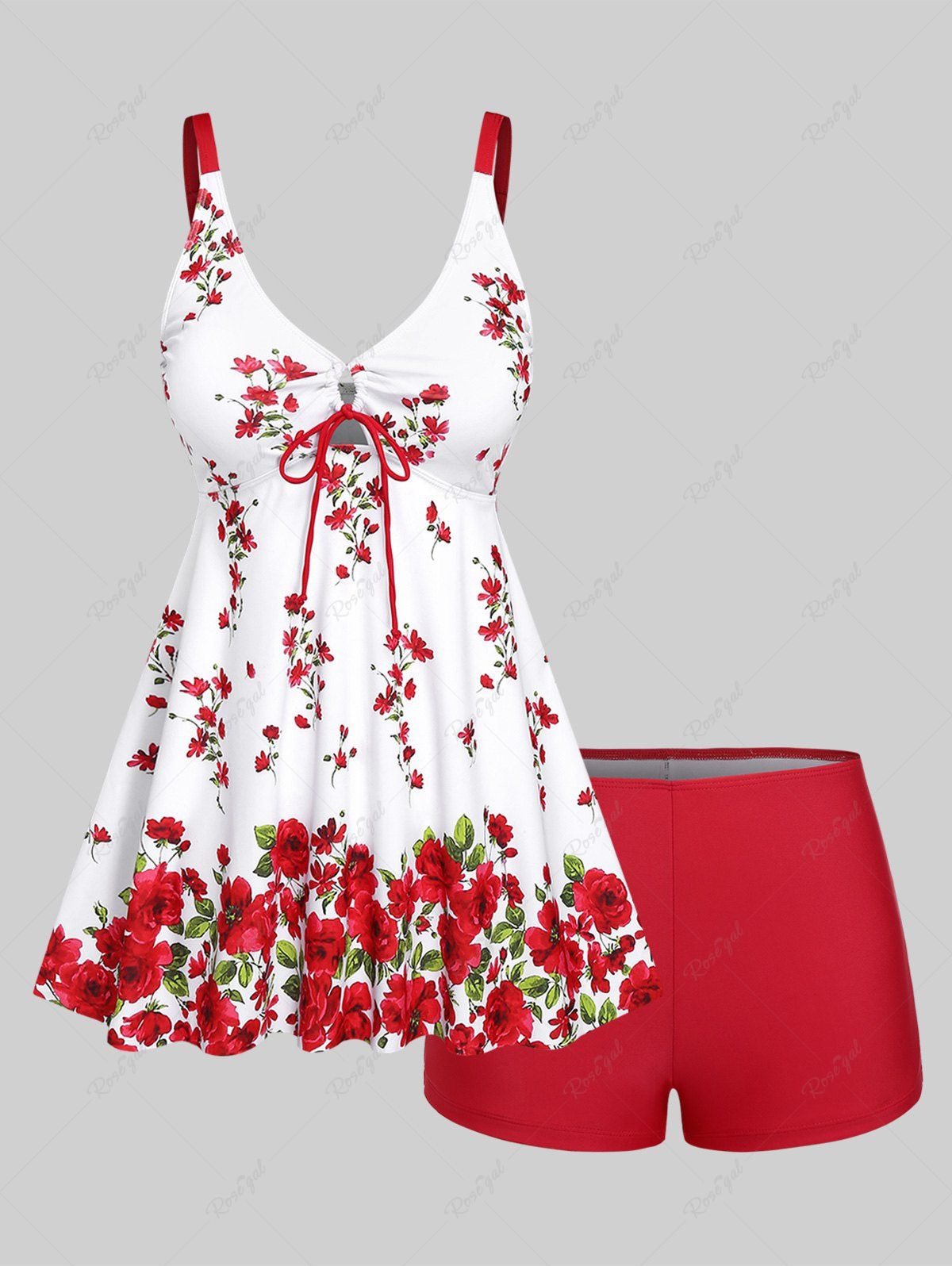 Discount Lace Up Ruched Flower Print Boyleg Tankini Swimsuit  