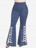 Plus Size 3D Jeans Lace Up Printed Flare Pants -  