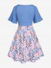 Plus Size Cinched Ruched Flower Printed Raglan Sleeves A Line Surplice Dress -  