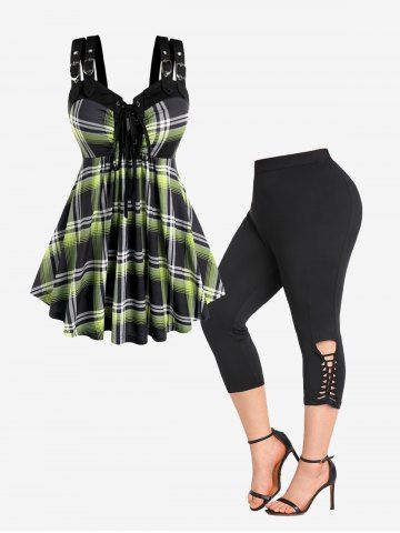 Lace-up Grommets Buckle Plaid Tank Top and Braided Leggings Plus Size Summer Outfit - BLACK