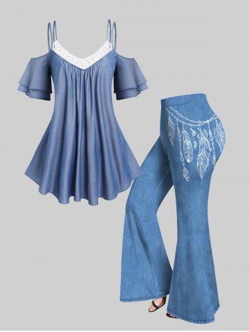 Lace Panel Cold Shoulder Tee and Pull On Flare Pants Plus Size Summer Outfit - LIGHT BLUE