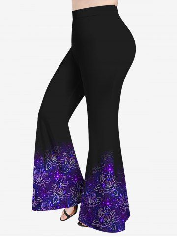 Plus Size 3D Light Beam Floral Colorblocks Printed Flare Pants - PURPLE - M | US 10