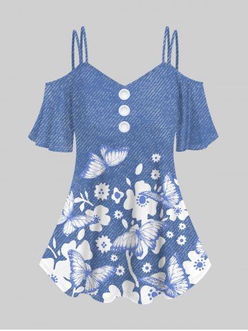 Camiseta de Hombros Al Aire con Estampado de Flores de Mariposa 3D de Talla Extra - BLUE - 5X | US 30-32