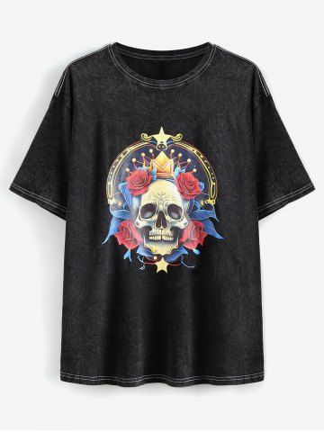 Camiseta de Cuello Redondo de Estampado de Cráneo de Corona 3D - BLACK - M