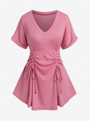 Plus Size Cinched Ruched Cuffed Sleeves Metallic Tee - LIGHT PINK - 1X | US 14-16