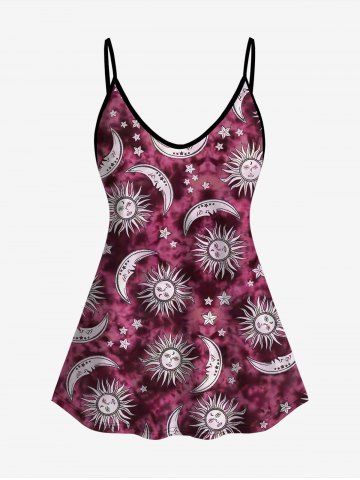 Plus Size 3D Sun Moon And Colorblocks Print Cold Shoulder Tank Top - DEEP RED - 1X | US 14-16
