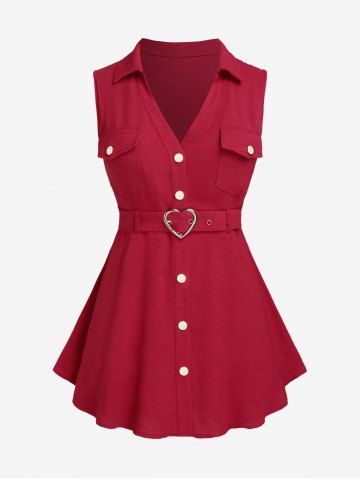 Plus Size Sleeveless Buttons Heart Buckle Belt Shirt - RED - 4X | US 26-28