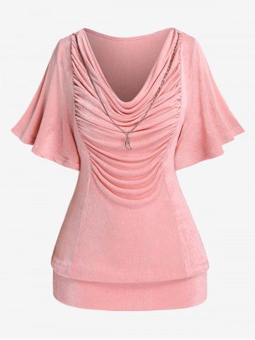 Plus Size Butterfly Sleeves Ruched Chain Cowl Neck Blonsou Top - LIGHT PINK - 2X | US 18-20