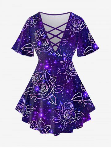 Plus Size Crisscross Light Beam Floral Printed V-Neck Short Sleeve T-Shirt - CONCORD - 1X | US 14-16