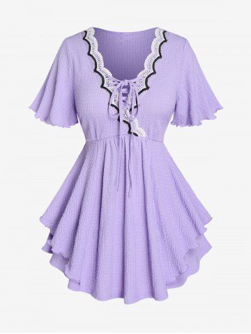 Plus Size Lace-up Lettuce Double Layered Frilled Textured Tee - LIGHT PURPLE - 1X | US 14-16