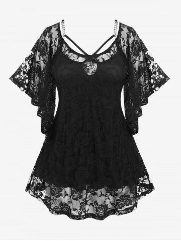 Plus Size Raglan Sleeves Lace Tee and Chains Keyhole Tank Top Set - BLACK - 2X | US 18-20