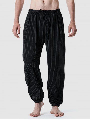 Cotton and Linen Striped Pattern Pants - BLACK - S