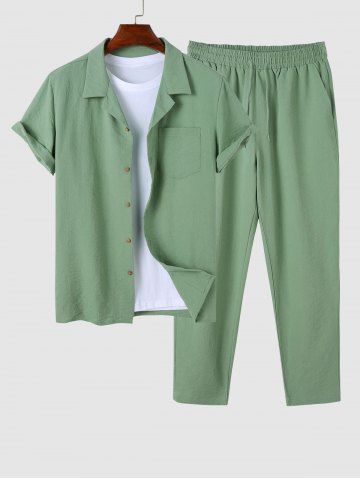 Men's Solid Color Lapel Collar Button Front Short Sleeve Shirt And Casual Pants Set - LIGHT GREEN - M