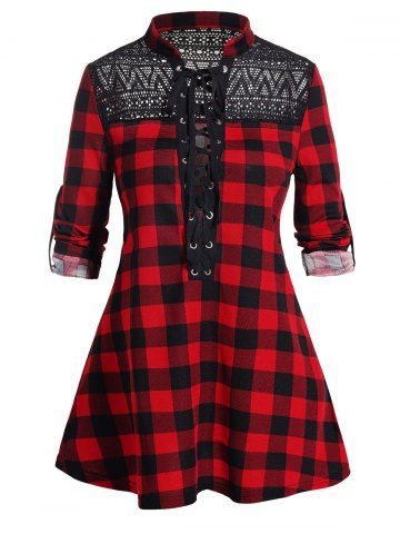 Plaid Print Mesh Panel Lace Up Long Sleeve Top - RED - M