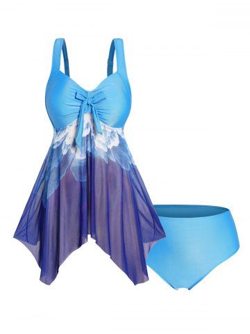 Plus Size Flower Print Mesh Asymmetric Padded High Waist Modest Tankini Swimsuit - DEEP BLUE - L