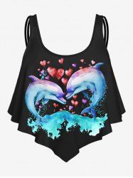 Haut de Tankini 3D Vague de Mer et Dauphin Imprimés en Forme de Cœur - Noir 4X