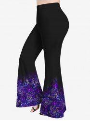 Plus Size 3D Light Beam Floral Colorblocks Printed Flare Pants -  