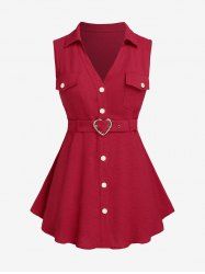 Plus Size Sleeveless Buttons Heart Buckle Belt Shirt -  