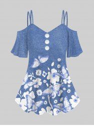 T-shirt à Épaules Nues Imprimé Papillon Floral 3D Grande Taille - Bleu 5x | US 30-32