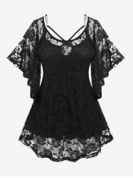 Plus Size Raglan Sleeves Lace Tee and Chains Keyhole Tank Top Set -  
