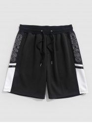 CHICAGO Letter Drawstring Colorblock Sweat Shorts -  