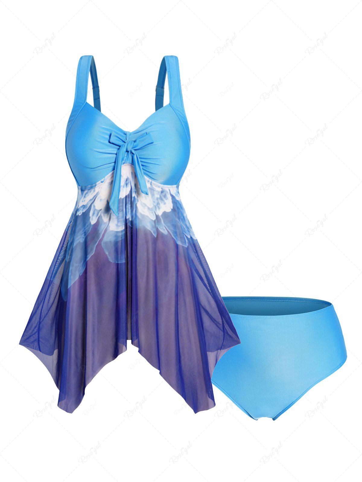 Ensemble de Tankini Rembourré Asymétrique à Fleurs à Taille Haute Grande Taille Bleu profond 4X