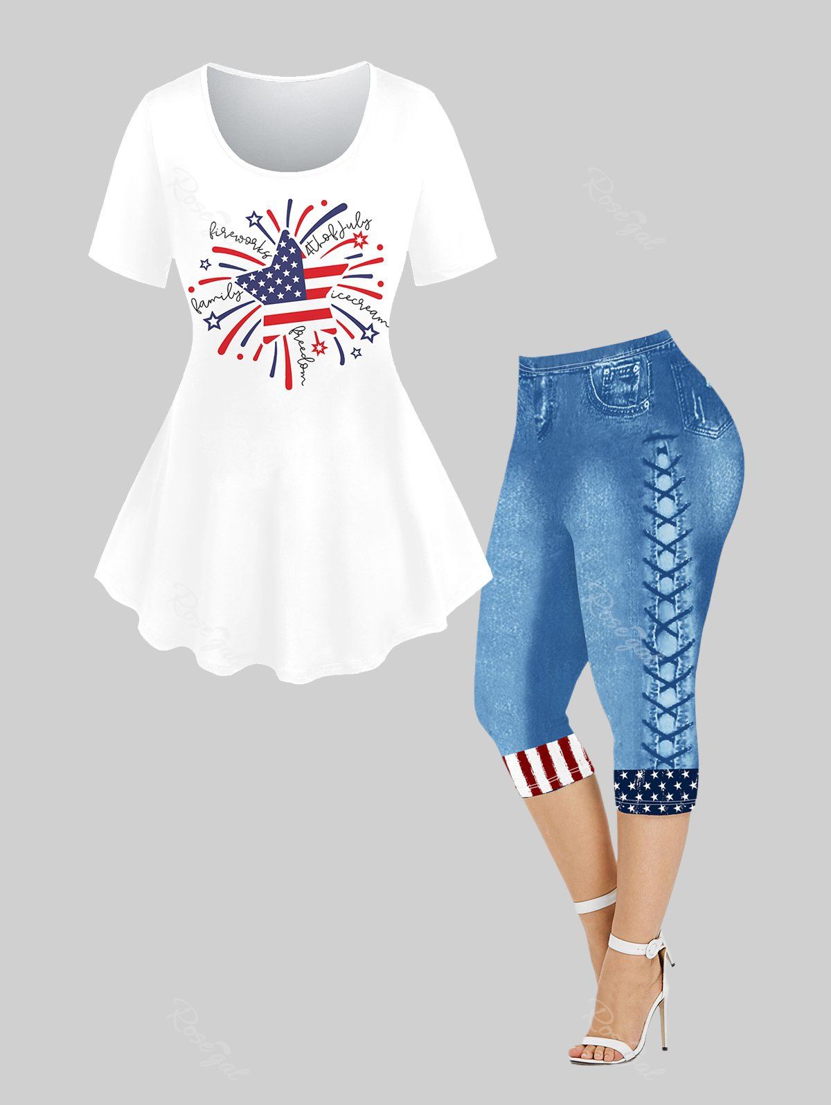 Affordable Plus Size Red White Blue American Flag And Letter Printed Short Sleeve T-Shirt and 3D Jeans Lace-up American Flag Printed Leggings Outfit  