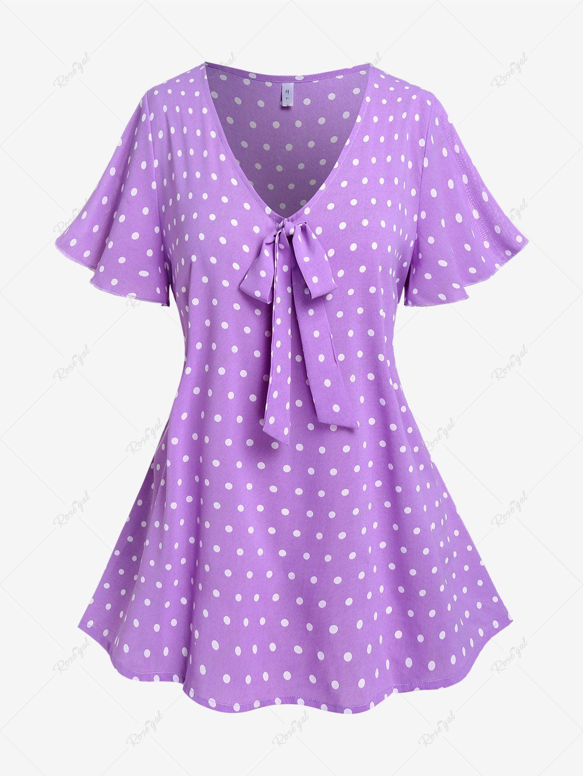 Outfit Plus Size Polka Dot Bowknot V Neck Tee  