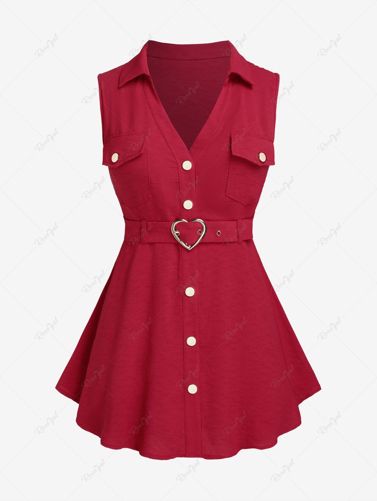 Store Plus Size Sleeveless Buttons Heart Buckle Belt Shirt  