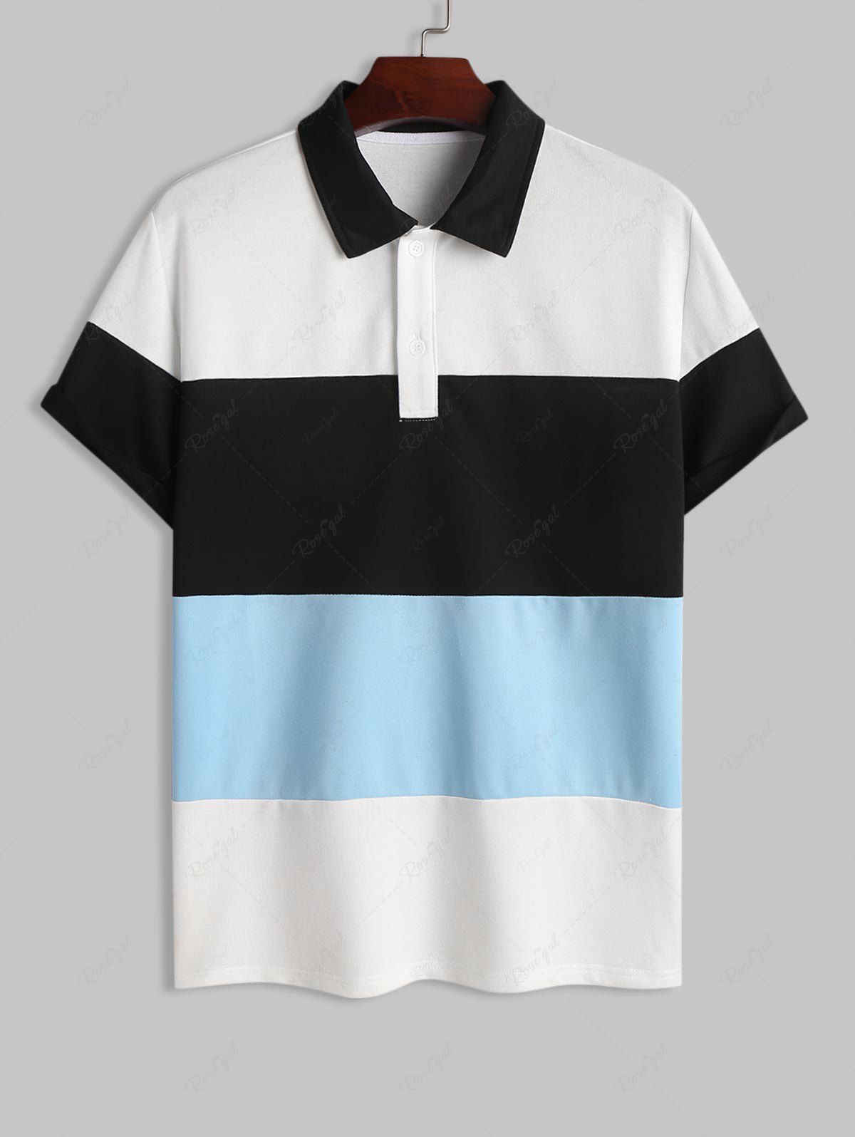 Fancy Ladder Colorblock Polo Collared Button Front T-shirt  